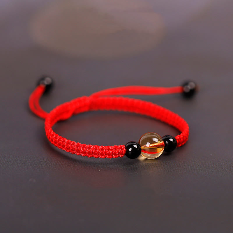 Wear FengShui Handcrafted Citrine Black Obsidian Bead King Kong Knot Peace Knot Luck Rope Bracelet