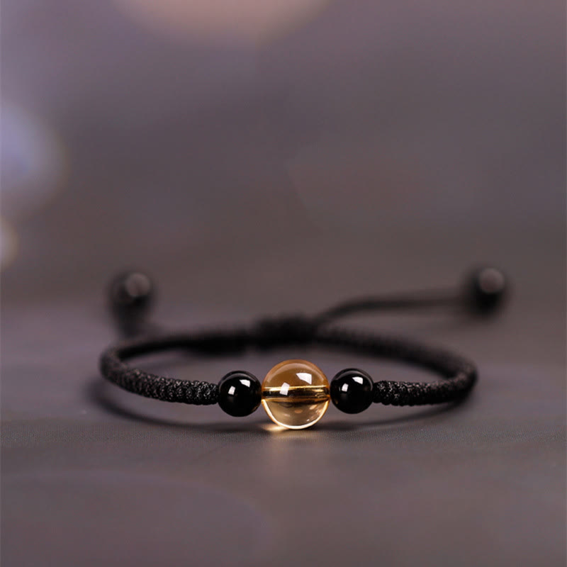 Wear FengShui Handcrafted Citrine Black Obsidian Bead King Kong Knot Peace Knot Luck Rope Bracelet