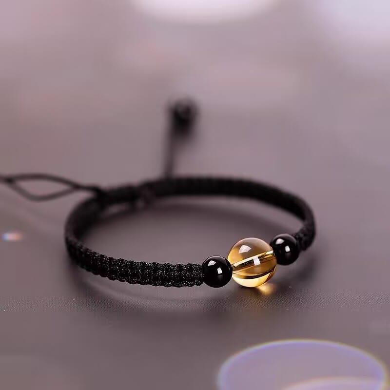 Wear FengShui Handcrafted Citrine Black Obsidian Bead King Kong Knot Peace Knot Luck Rope Bracelet
