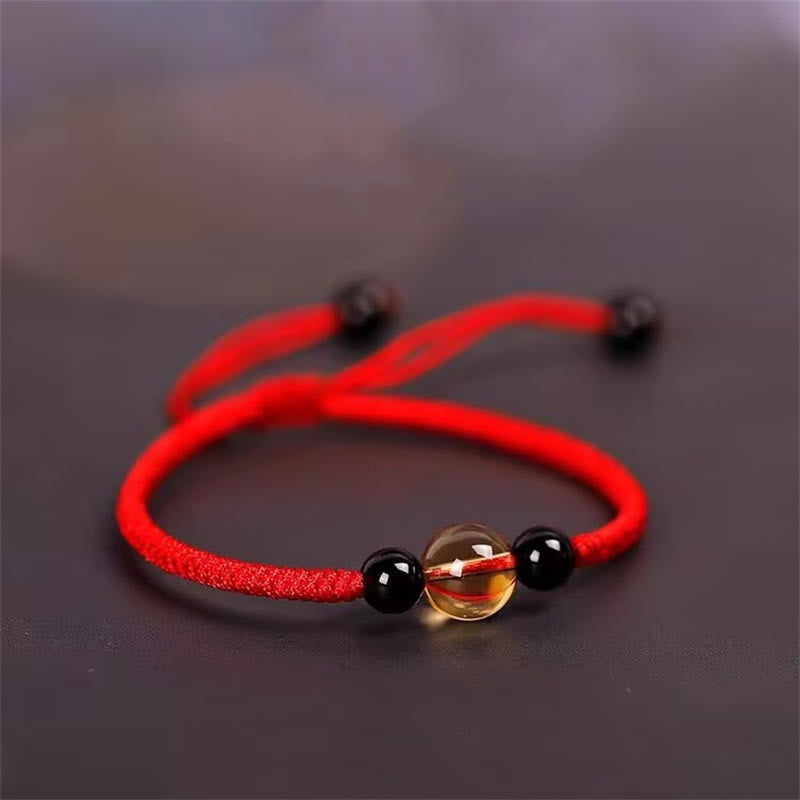 Wear FengShui Handcrafted Citrine Black Obsidian Bead King Kong Knot Peace Knot Luck Rope Bracelet