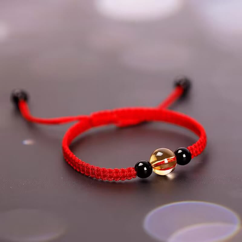 Wear FengShui Handcrafted Citrine Black Obsidian Bead King Kong Knot Peace Knot Luck Rope Bracelet