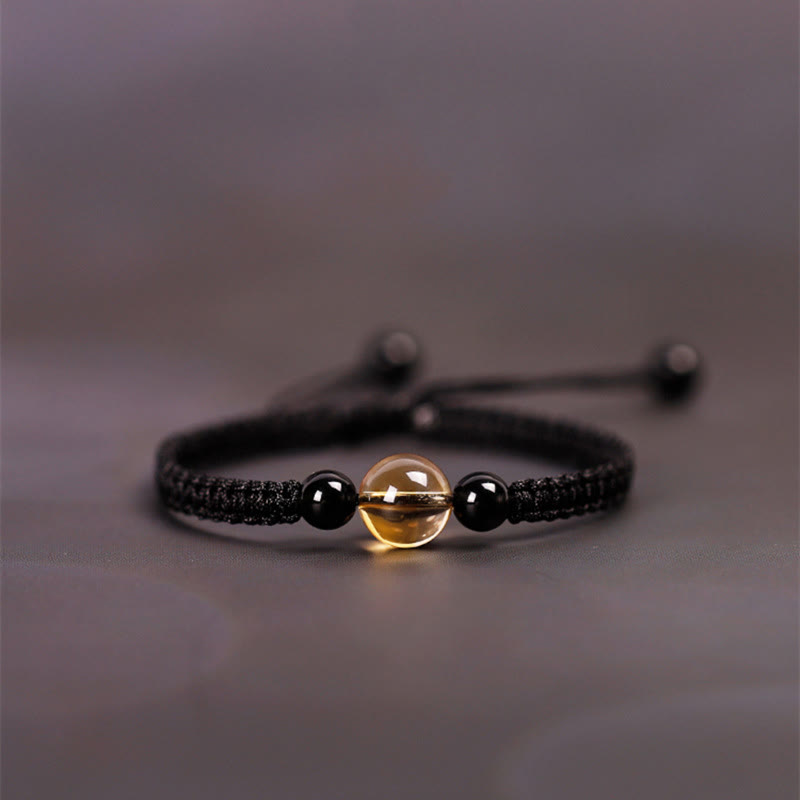 Wear FengShui Handcrafted Citrine Black Obsidian Bead King Kong Knot Peace Knot Luck Rope Bracelet
