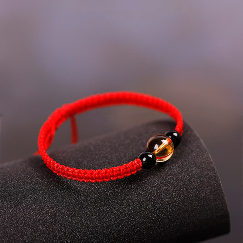 Wear FengShui Handcrafted Citrine Black Obsidian Bead King Kong Knot Peace Knot Luck Rope Bracelet