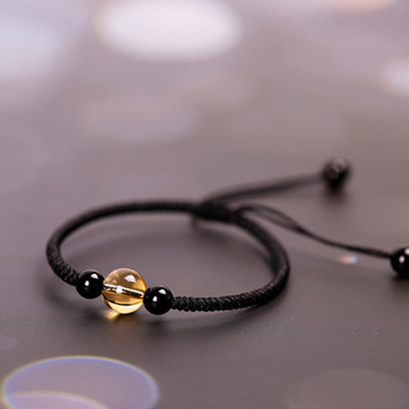 Wear FengShui Handcrafted Citrine Black Obsidian Bead King Kong Knot Peace Knot Luck Rope Bracelet