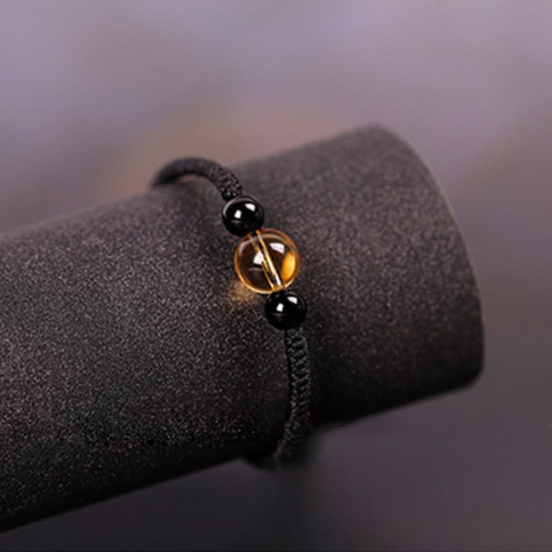 Wear FengShui Handcrafted Citrine Black Obsidian Bead King Kong Knot Peace Knot Luck Rope Bracelet