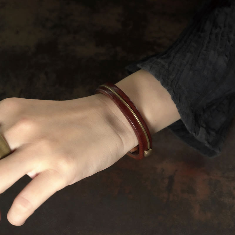 Wear FengShui Vintage Leather Copper Brass Wire Healing Bangle Bracelet
