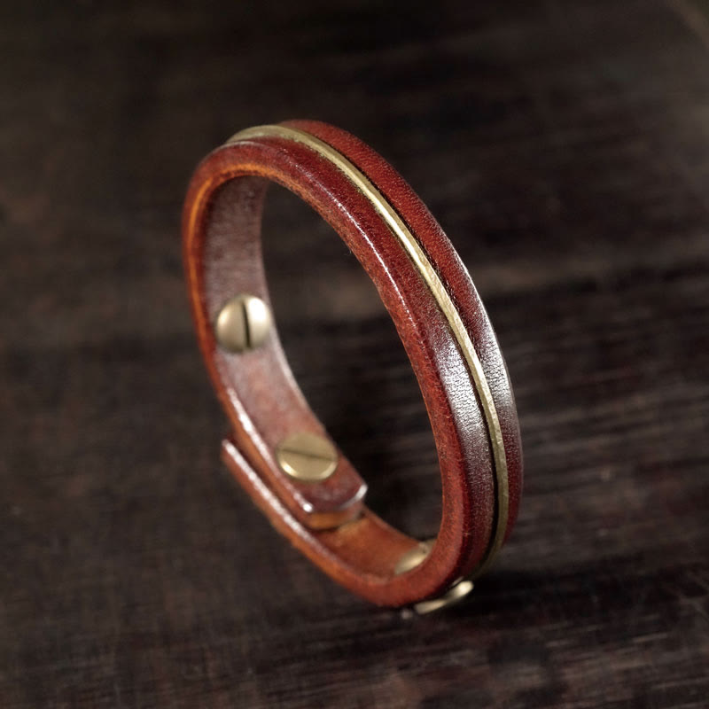Wear FengShui Vintage Leather Copper Brass Wire Healing Bangle Bracelet