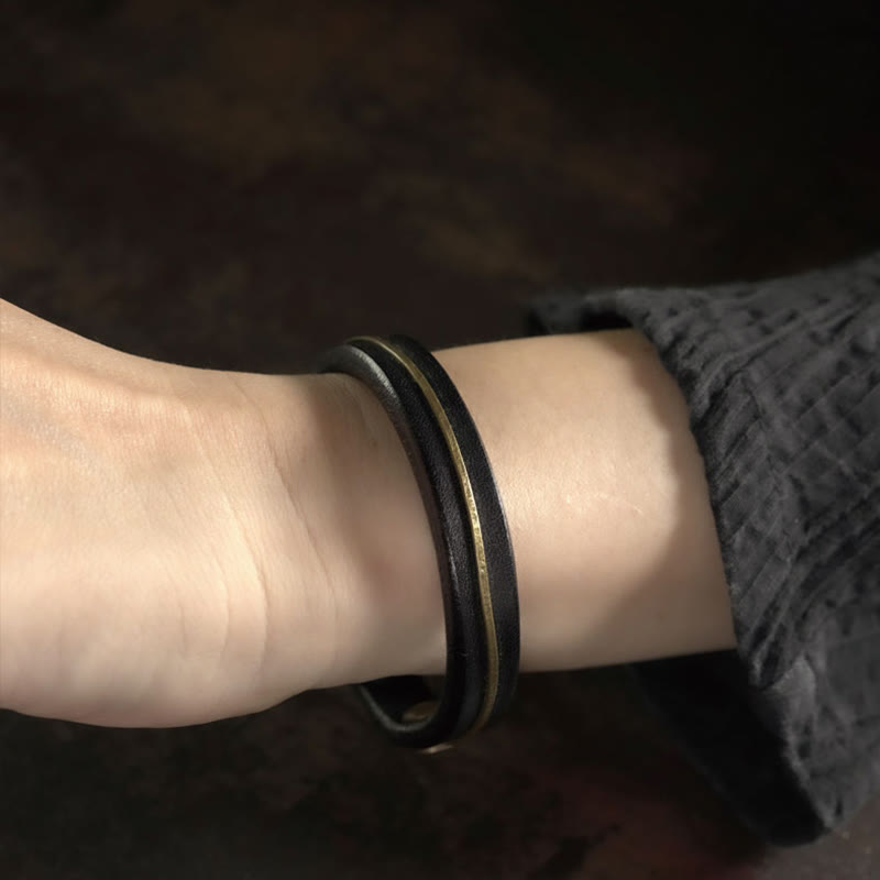 Wear FengShui Vintage Leather Copper Brass Wire Healing Bangle Bracelet