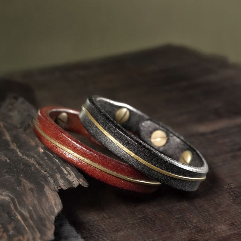 Wear FengShui Vintage Leather Copper Brass Wire Healing Bangle Bracelet
