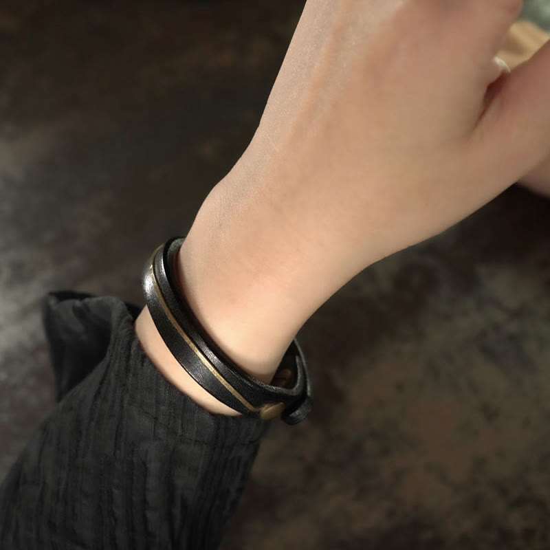 Wear FengShui Vintage Leather Copper Brass Wire Healing Bangle Bracelet