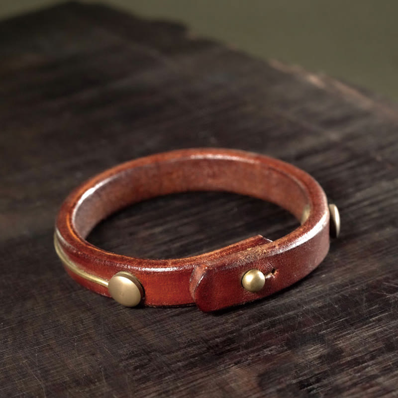 Wear FengShui Vintage Leather Copper Brass Wire Healing Bangle Bracelet