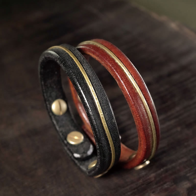 Wear FengShui Vintage Leather Copper Brass Wire Healing Bangle Bracelet