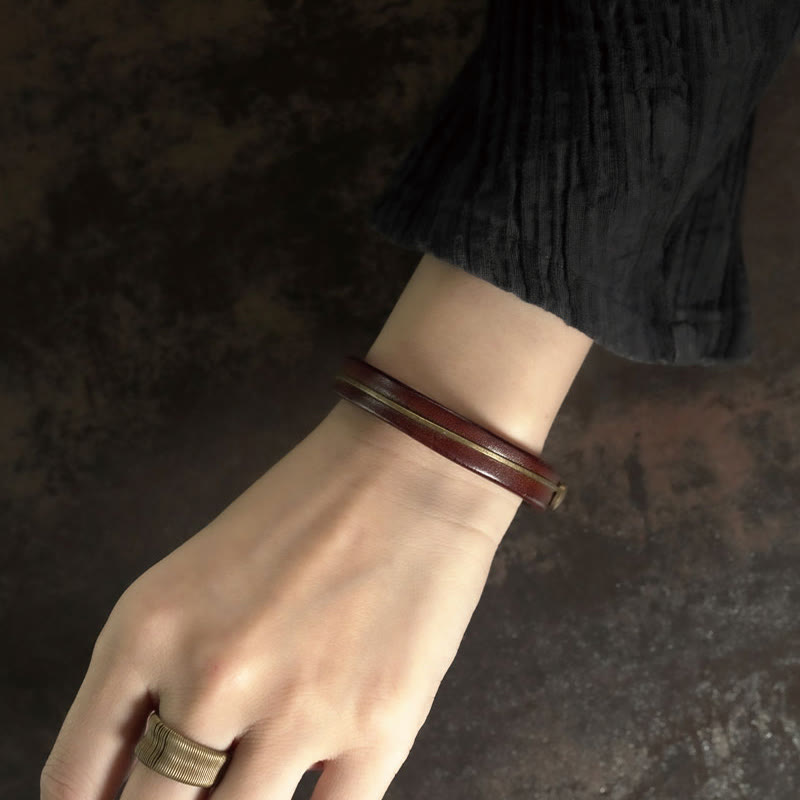 Wear FengShui Vintage Leather Copper Brass Wire Healing Bangle Bracelet