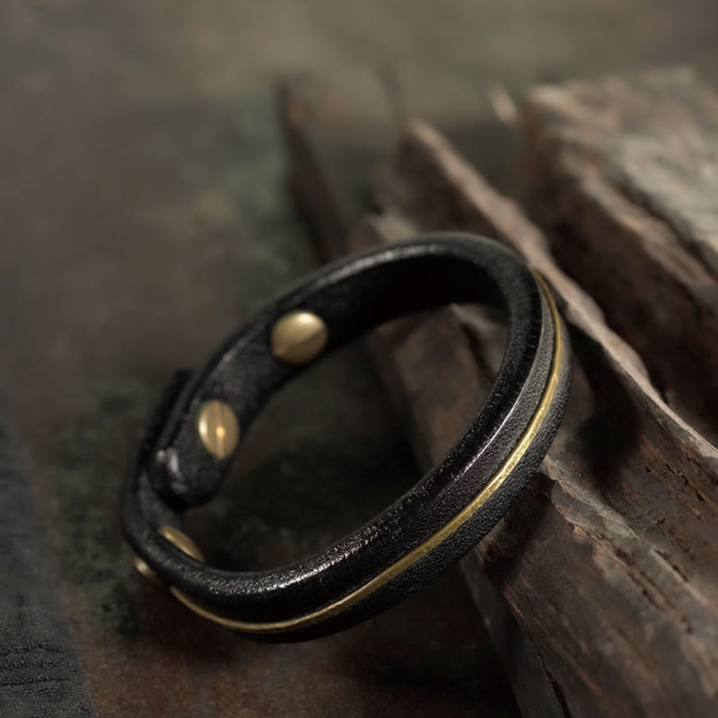 Wear FengShui Vintage Leather Copper Brass Wire Healing Bangle Bracelet