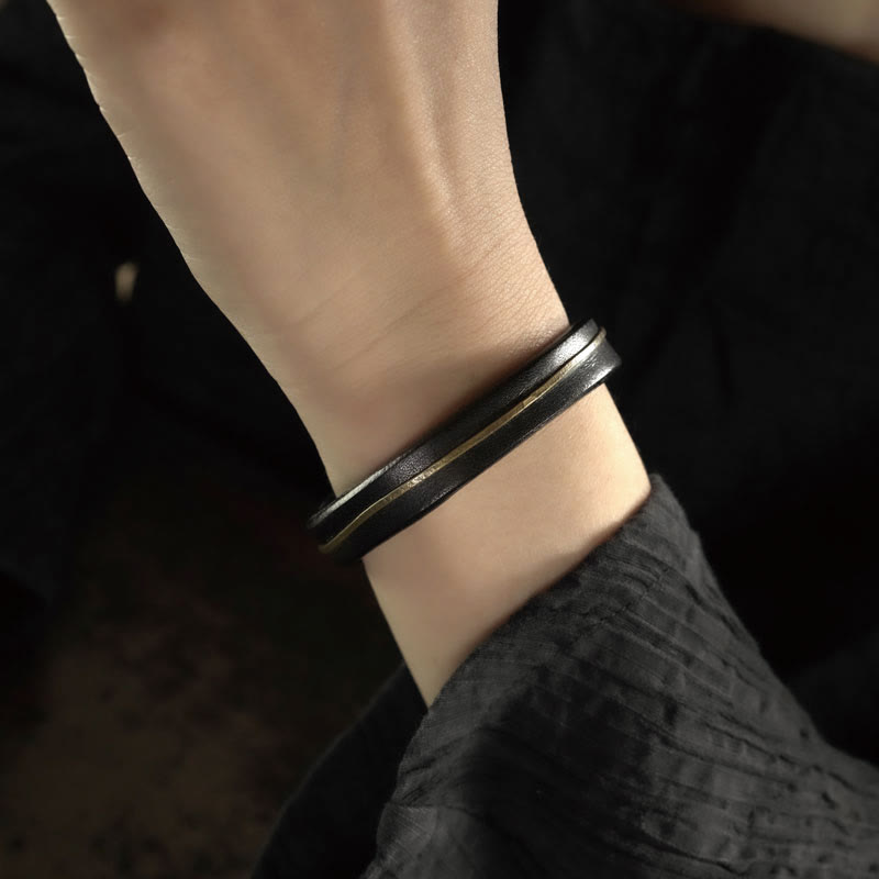 Wear FengShui Vintage Leather Copper Brass Wire Healing Bangle Bracelet