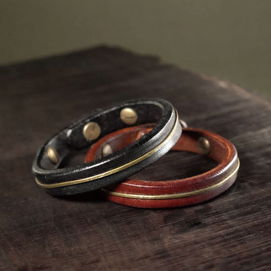 Wear FengShui Vintage Leather Copper Brass Wire Healing Bangle Bracelet