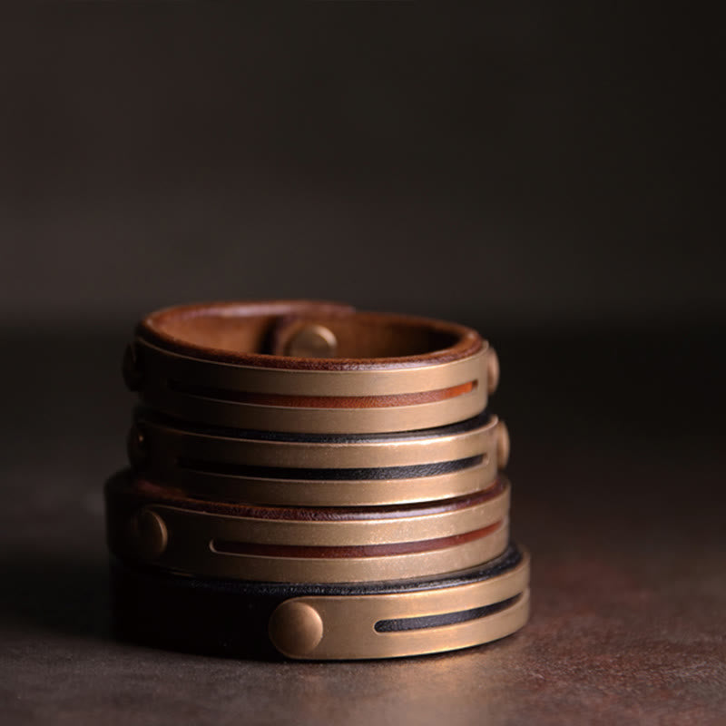 Wear FengShui Vintage Leather Copper Brass Balance Bangle Bracelet