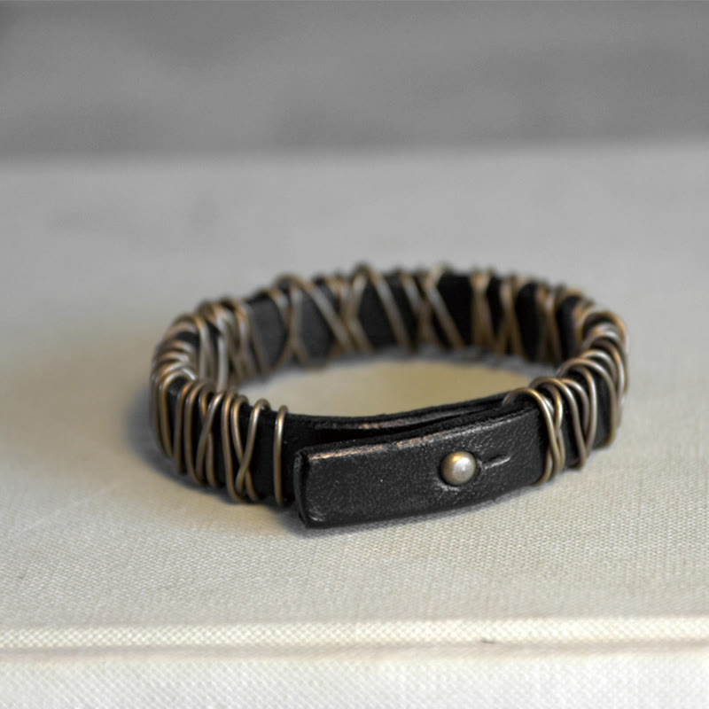 Wear FengShui Vintage Leather Copper Brass Wire Wrap Balance Bracelet