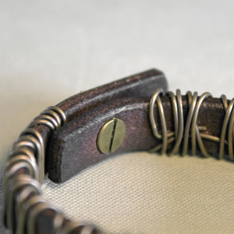 Wear FengShui Vintage Leather Copper Brass Wire Wrap Balance Bracelet