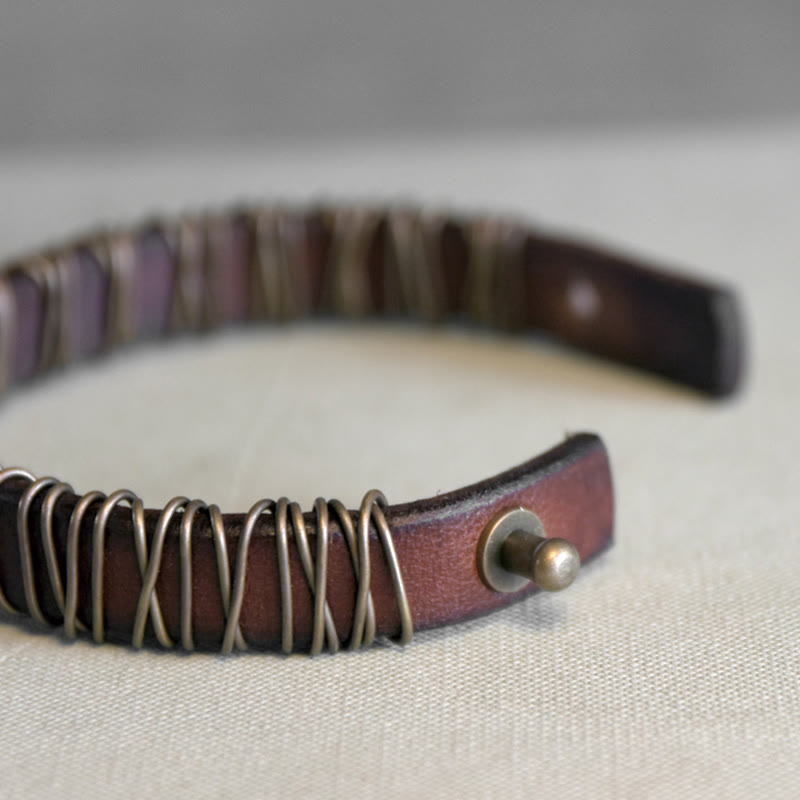 Wear FengShui Vintage Leather Copper Brass Wire Wrap Balance Bracelet