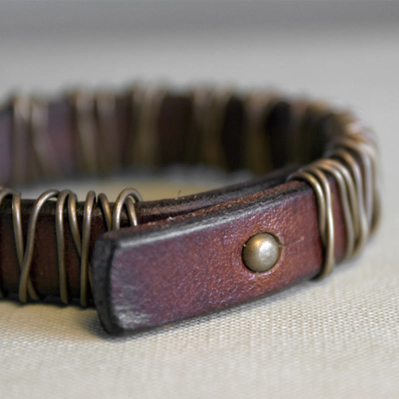 Wear FengShui Vintage Leather Copper Brass Wire Wrap Balance Bracelet