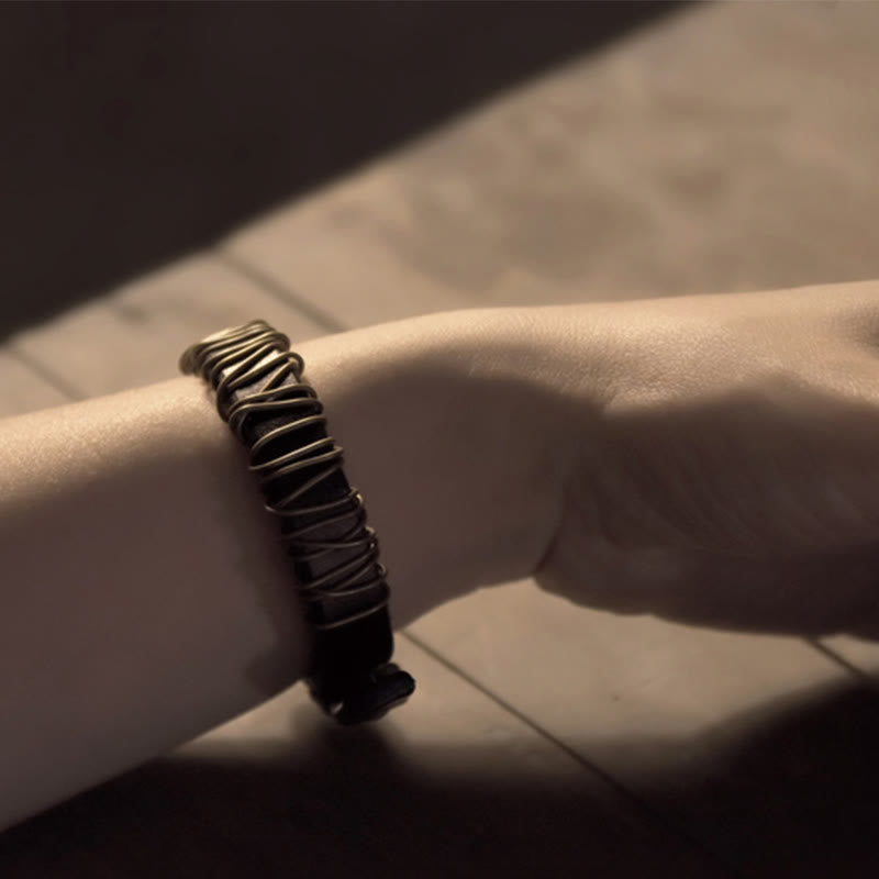 Wear FengShui Vintage Leather Copper Brass Wire Wrap Balance Bracelet
