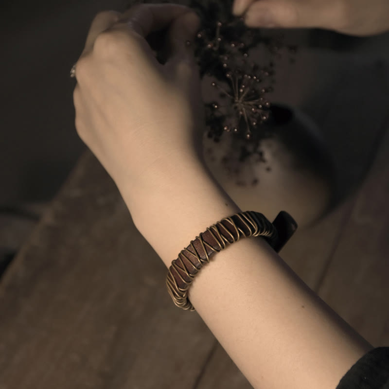 Wear FengShui Vintage Leather Copper Brass Wire Wrap Balance Bracelet