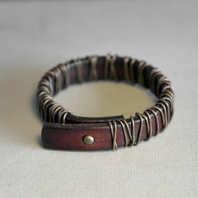 Wear FengShui Vintage Leather Copper Brass Wire Wrap Balance Bracelet