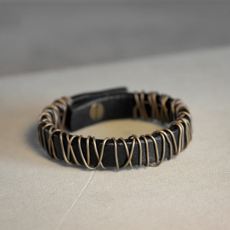 Wear FengShui Vintage Leather Copper Brass Wire Wrap Balance Bracelet