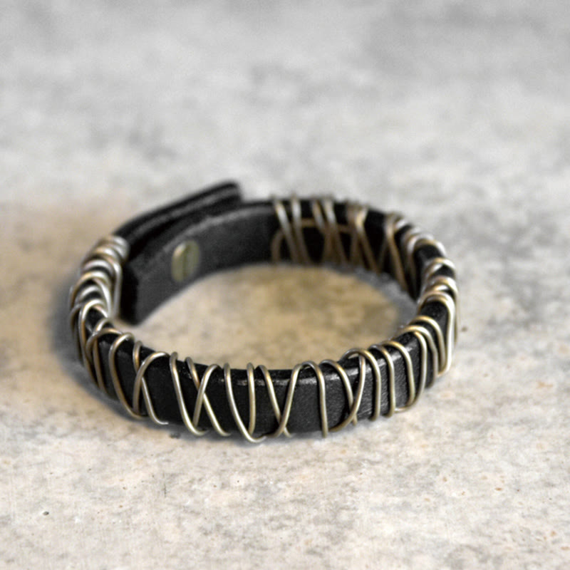 Wear FengShui Vintage Leather Copper Brass Wire Wrap Balance Bracelet