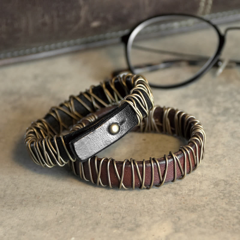 Wear FengShui Vintage Leather Copper Brass Wire Wrap Balance Bracelet