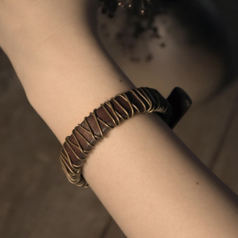 Wear FengShui Vintage Leather Copper Brass Wire Wrap Balance Bracelet