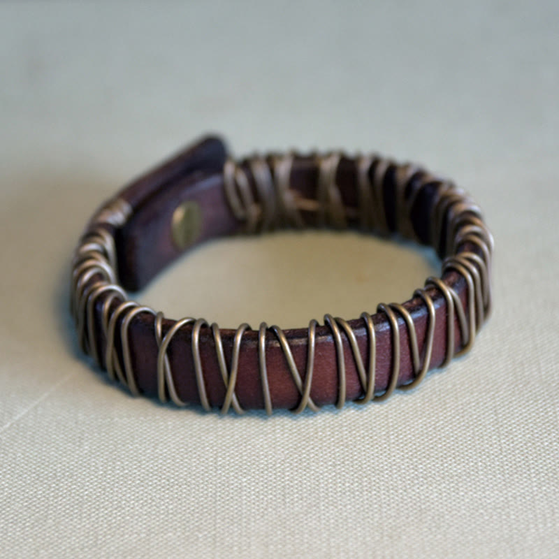 Wear FengShui Vintage Leather Copper Brass Wire Wrap Balance Bracelet
