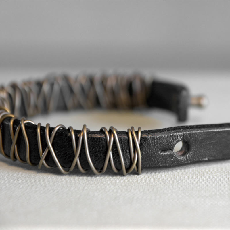 Wear FengShui Vintage Leather Copper Brass Wire Wrap Balance Bracelet