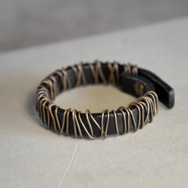 Wear FengShui Vintage Leather Copper Brass Wire Wrap Balance Bracelet