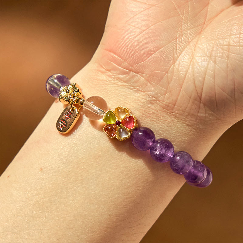 Wear FengShui Natural Amethyst White Crystal Flower Healing Safe And Well Charm Bracelet