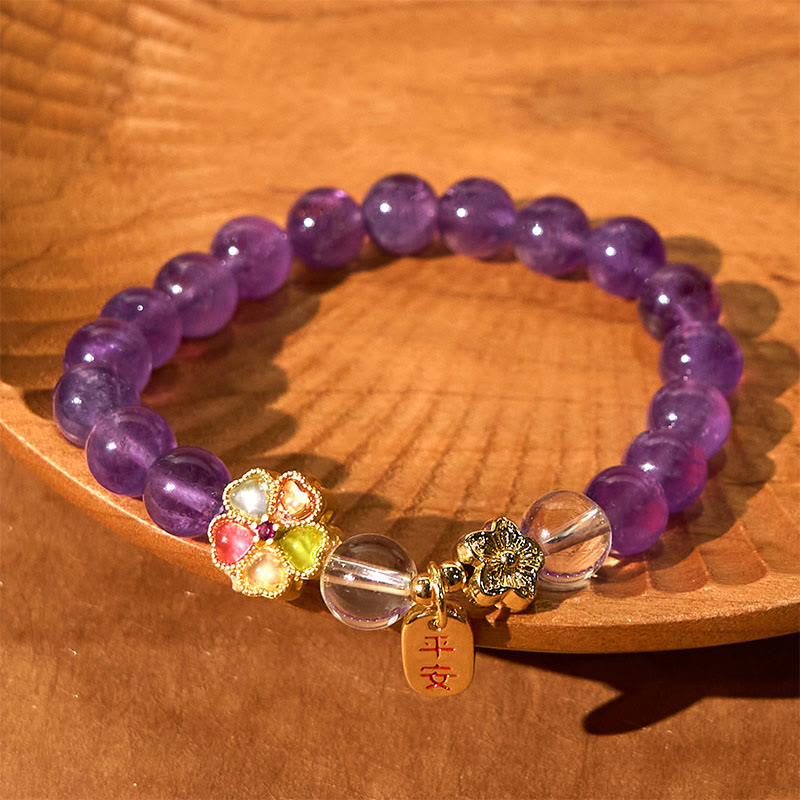 Wear FengShui Natural Amethyst White Crystal Flower Healing Safe And Well Charm Bracelet