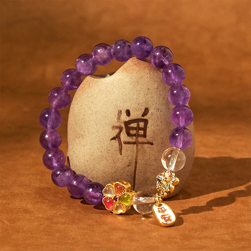 Wear FengShui Natural Amethyst White Crystal Flower Healing Safe And Well Charm Bracelet