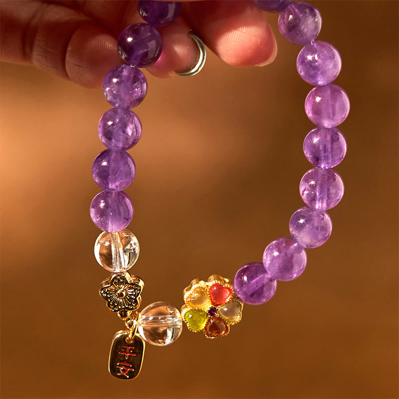 Wear FengShui Natural Amethyst White Crystal Flower Healing Safe And Well Charm Bracelet
