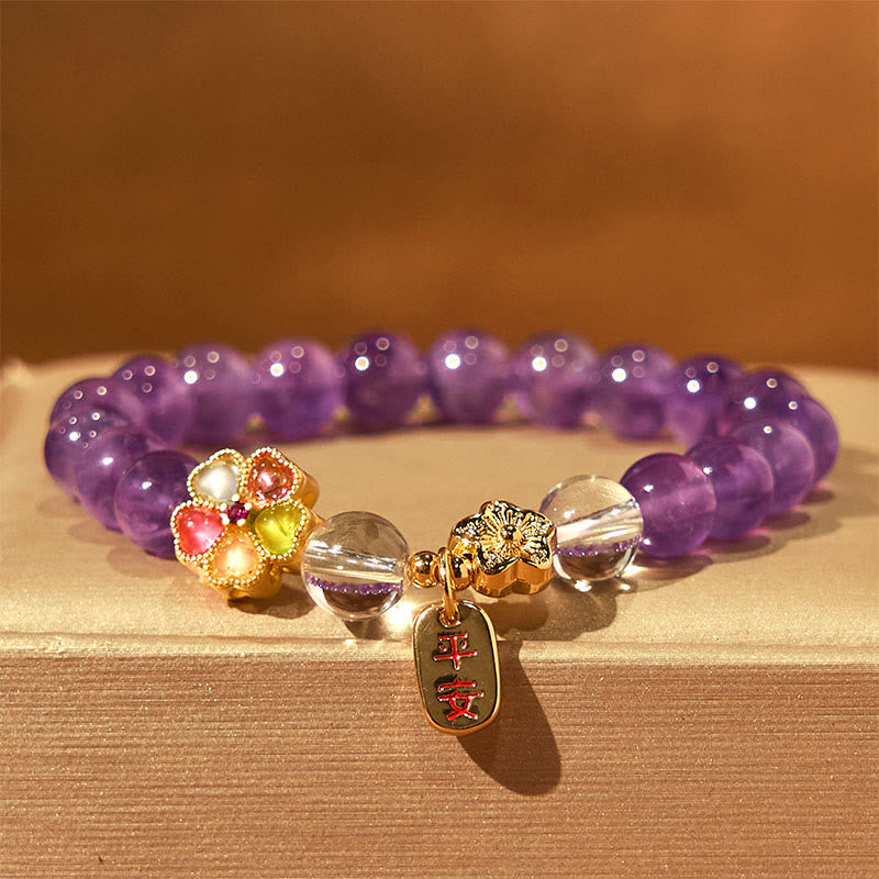Wear FengShui Natural Amethyst White Crystal Flower Healing Safe And Well Charm Bracelet