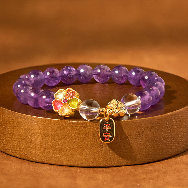 Wear FengShui Natural Amethyst White Crystal Flower Healing Safe And Well Charm Bracelet
