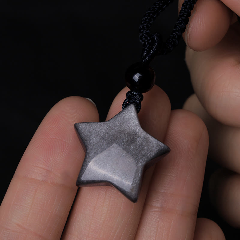 Wear FengShui Natural Silver Sheen Obsidian Star Crescent Moon Protection Necklace Pendant