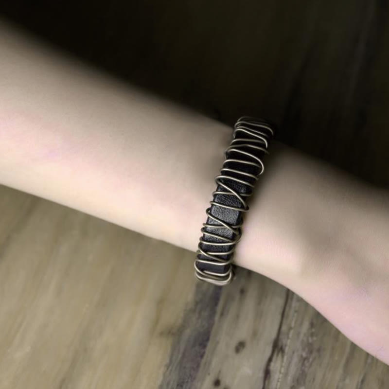 Wear FengShui Vintage Leather Copper Brass Wire Wrap Balance Bracelet