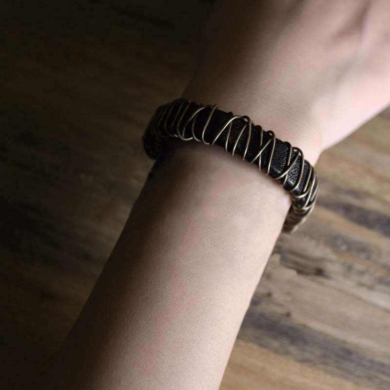 Wear FengShui Vintage Leather Copper Brass Wire Wrap Balance Bracelet
