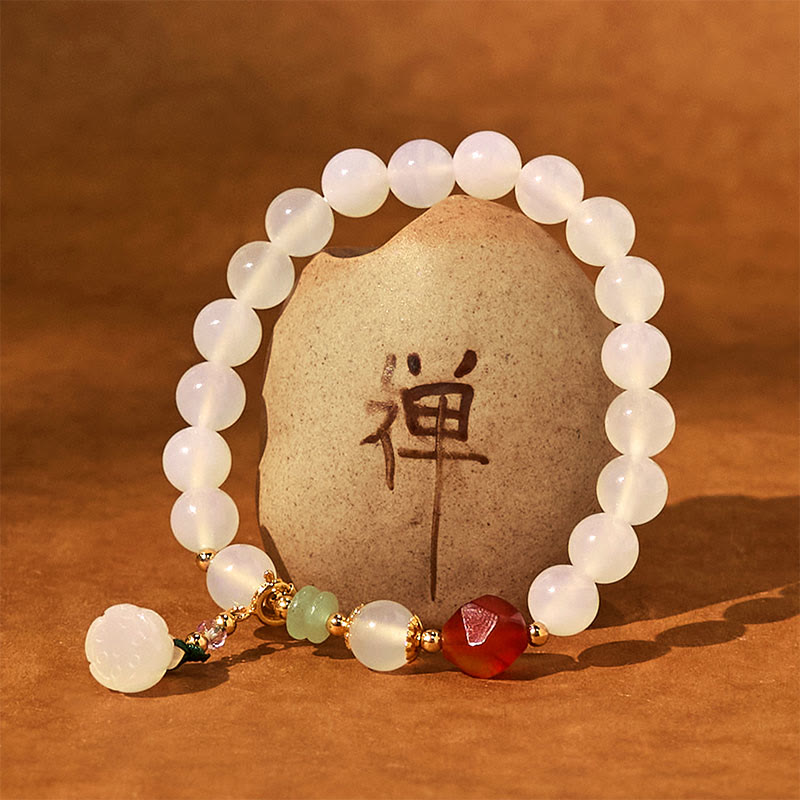 Wear FengShui White Agate Red Agate Lotus Pod Charm Luck Bracelet