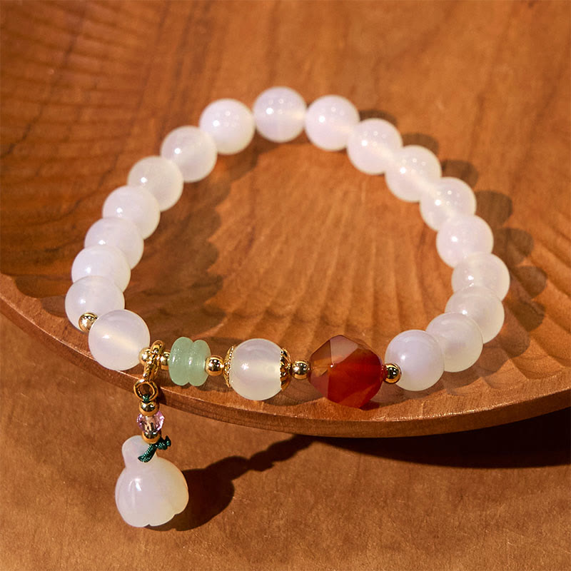 Wear FengShui White Agate Red Agate Lotus Pod Charm Luck Bracelet
