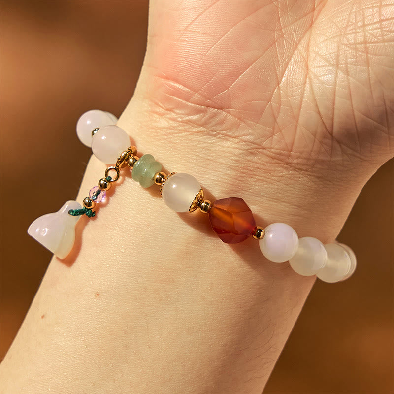 Wear FengShui White Agate Red Agate Lotus Pod Charm Luck Bracelet