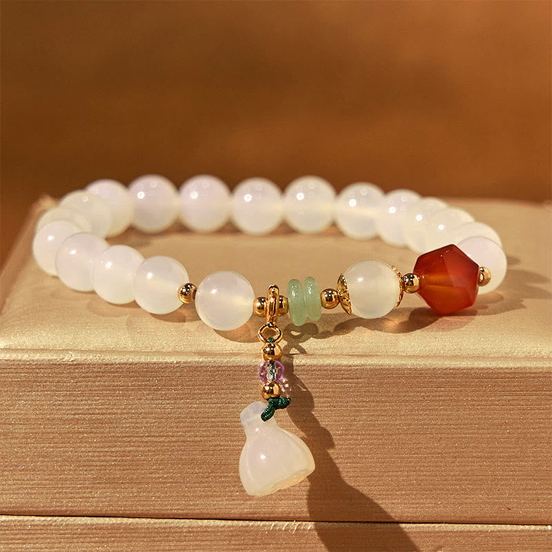 Wear FengShui White Agate Red Agate Lotus Pod Charm Luck Bracelet
