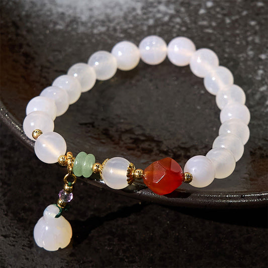 Wear FengShui White Agate Red Agate Lotus Pod Charm Luck Bracelet