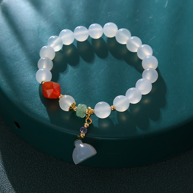 Wear FengShui White Agate Red Agate Lotus Pod Charm Luck Bracelet